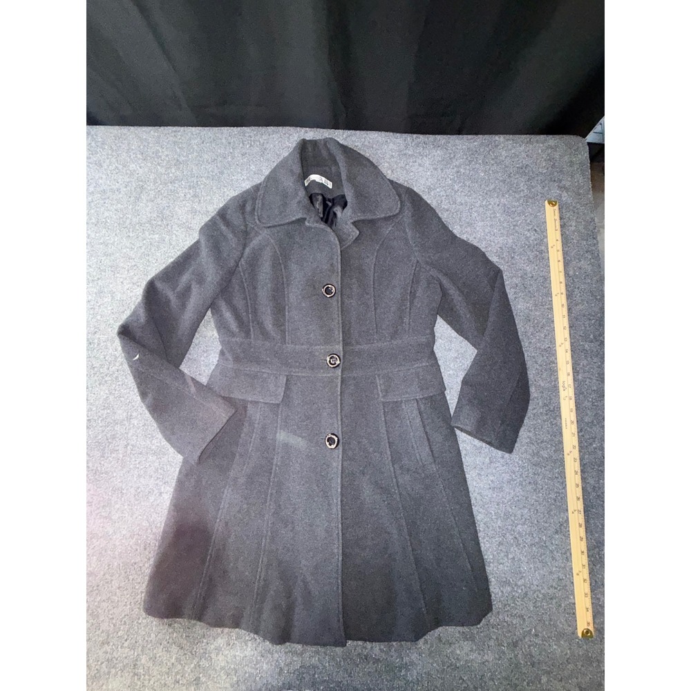 Kenneth Cole New York Women Charcoal Gray Wool Blend Pleated Pea Coat Size 14